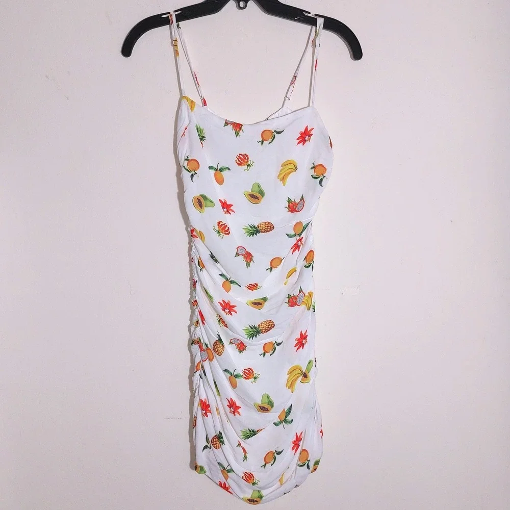 WEWOREWHAT Fruit Print Ruched Spaghetti Strap Mini Dress XS - Picture 3 of 15